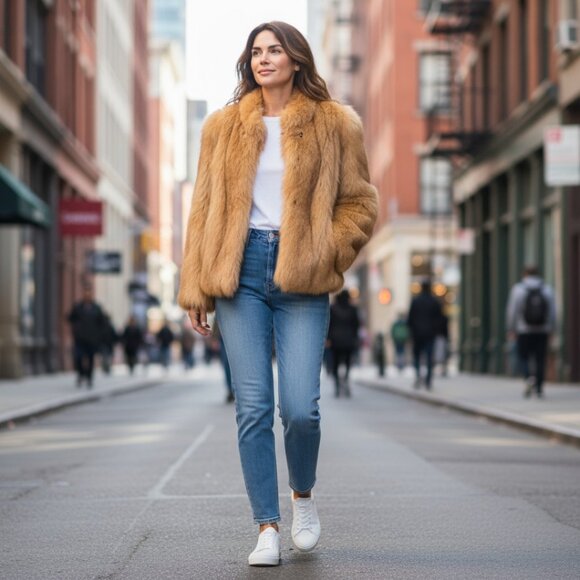 Dyed Fox Waist Jacket with Leather Accent Panels, Size Sm/Med - Picture 3 of 10